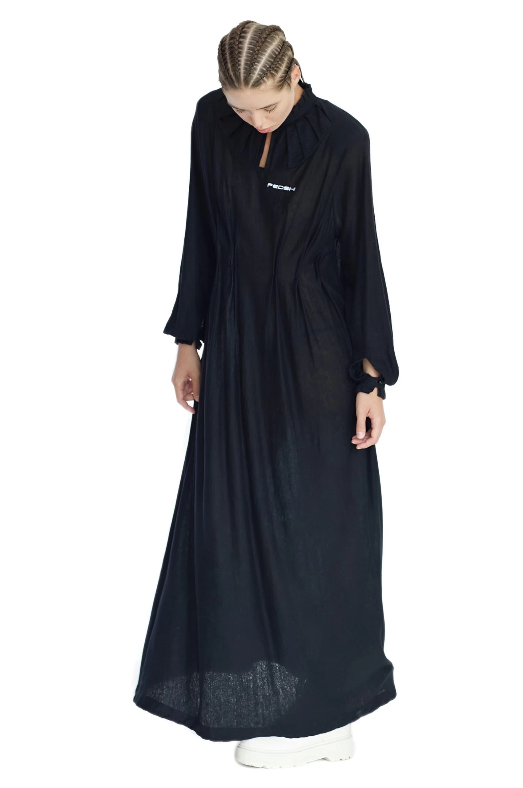 gothic black linen maxi dress